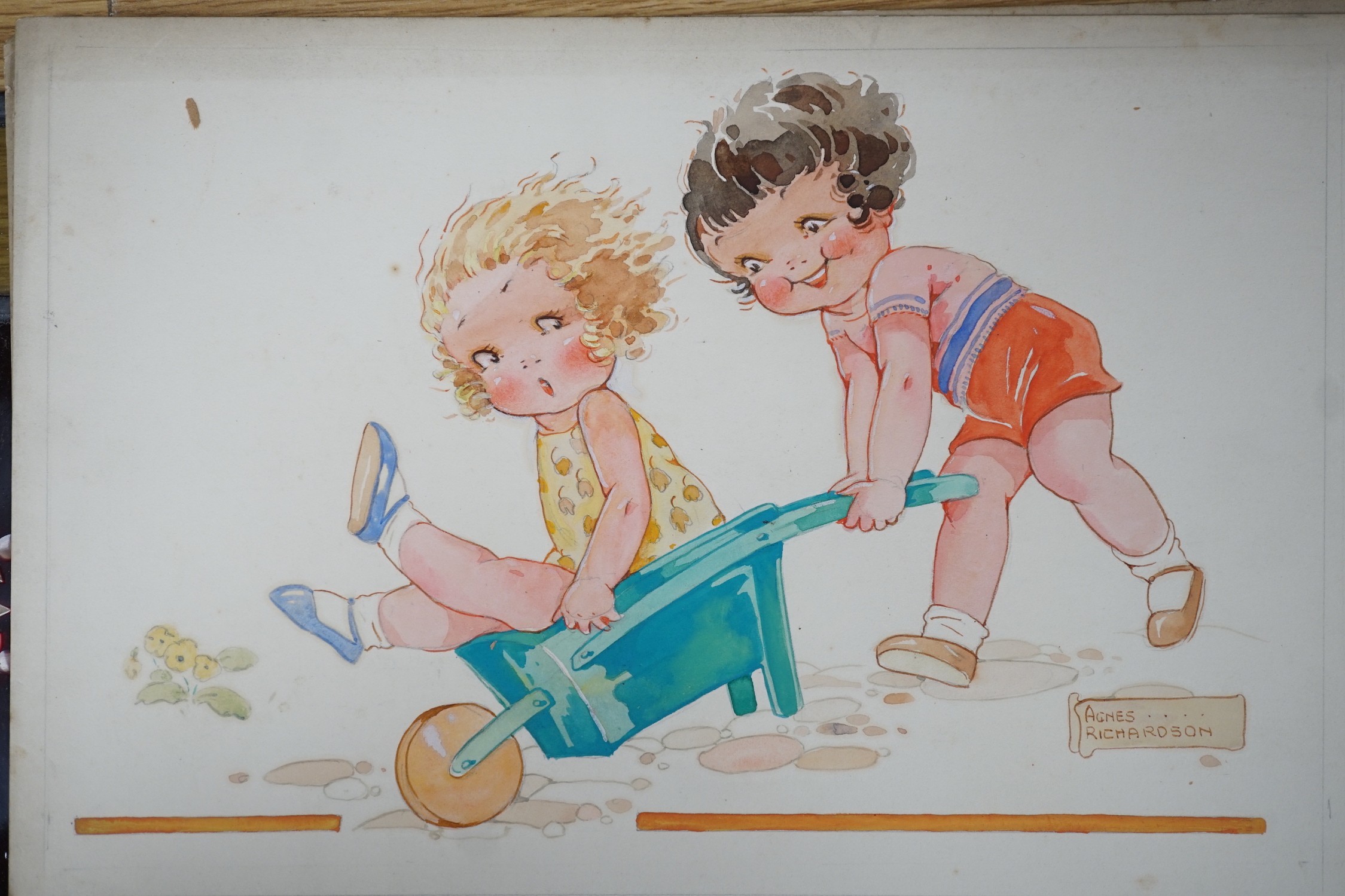 Agnes Richardson (1884-1951), four original watercolour and gouache postcard designs, Humorous children, signed, 38 x 24cm approx., unframed